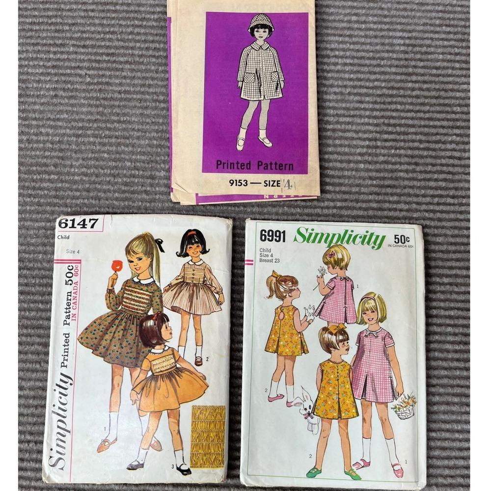 Vintage Simplicity Sewing Patterns Lot‎ Child Sz 4 Dress Coat Hat 6147 6991 9153